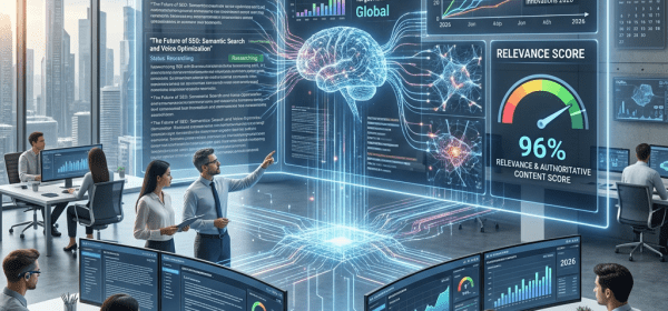 Team reviewing AI content generation, SEO optimization metrics, ranking tracking, and relevance score holograms