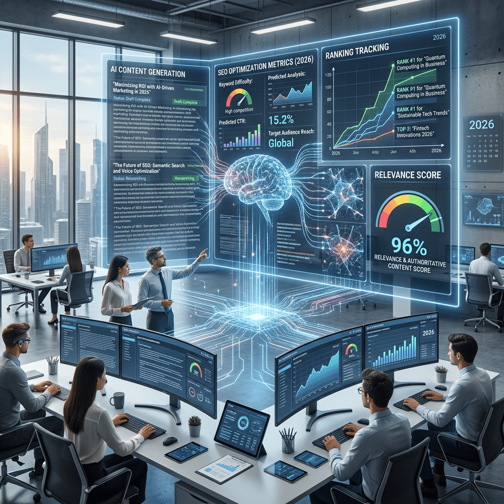 Team reviewing AI content generation, SEO optimization metrics, ranking tracking, and relevance score holograms
