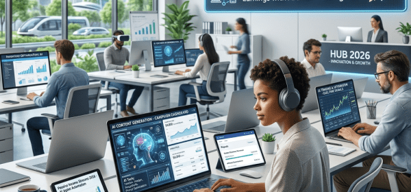 Modern office with workers using AI technology and data dashboards