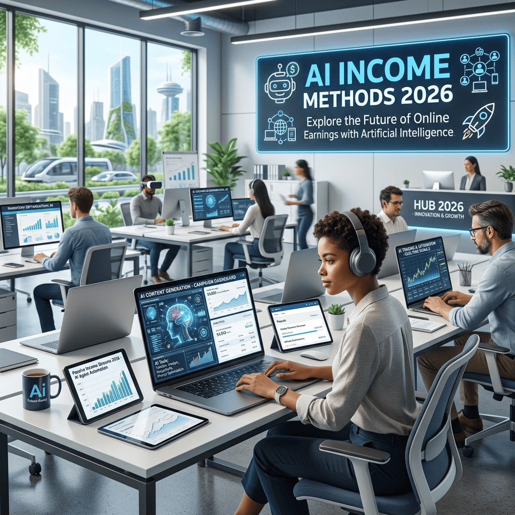 Modern office with workers using AI technology and data dashboards