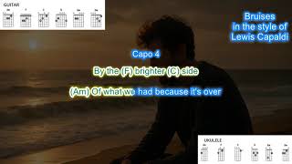 Bruises (capo 4) in the style of Lewis Capaldi play along with scrolling guitar chords and lyrics
