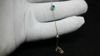 14K Real Solid Gold Two Sided Evil Eye Bracelet for Kids Teen Girls