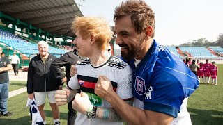 Ed Sheeran with John Abraham and wears Northeast United fc jercy