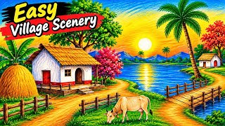 Beautiful Village Scenery Drawing 🌅🏡 | Easy Riverside Sunset Landscape
