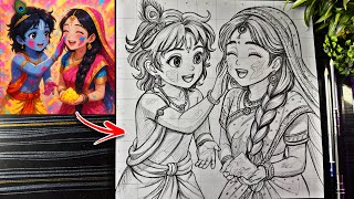 Radha Krishna Holi Drawing, How To Draw Radhakrishna Playing Holi Animestyle, Step By Step Tutorial