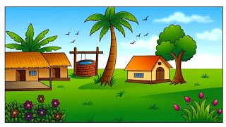 Village Scenery Drawing for Beginners | How to Draw a Village House, Well, and Trees