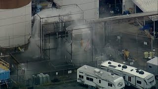 Aerials: Toxic chemical tank leaking in Orange County, CA, will either spill or explode