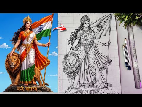 Independence Day Drawing 🇮🇳✍️, Bharat Mata Drawing With Indian Flag & Lion🦁, Step By Step