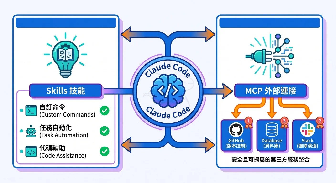 Claude Code Skills 與 MCP 擴充功能架構示意圖