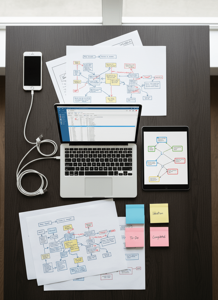 A bird’s-eye view of a carefully organized workspace: a dark wooden table with a laptop open to a Notion database of tasks, beside a tablet showing a visual automation flow linking email, calendar, and documents with colored nodes. Around them lie printed process maps with tidy marker annotations, sticky notes grouped into clear categories, and neatly routed charging cables. Overhead diffused daylight from a large unseen window produces even, soft lighting with minimal shadow. The composition is symmetrical and balanced, emphasizing order and clarity. Photographic realism, clean and modern aesthetic, conveying the feeling of turning chaotic long work hours into structured, manageable routines through AI and automation.