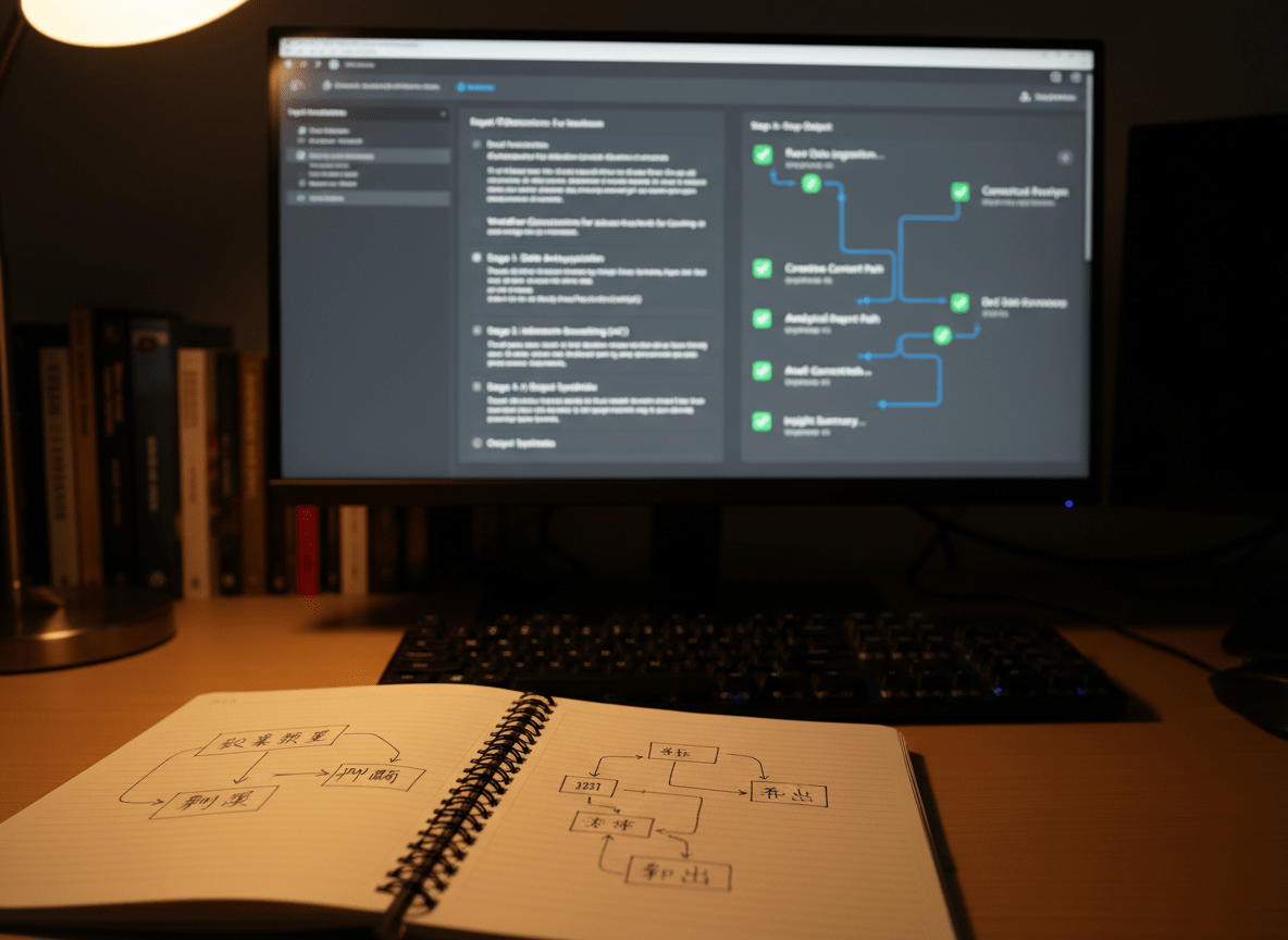 A close-up, shallow depth-of-field shot of a monitor displaying a realistic AI prompt engineering interface: side-by-side panels of input instructions and step-by-step outputs, with a visible flow of numbered stages and branching options. In the blurred foreground, a notebook lies open with sketched boxes and arrows connecting “收集資料”, “判斷”, and “輸出” style sections, written in neat handwriting. A dimly lit, focused evening workspace with a single warm desk lamp pools light onto the notebook and keyboard, leaving the background in soft shadow. Photographic realism, intimate and concentrated mood, emphasizing deep work on refining AI workflows to reduce repetitive decision-making.