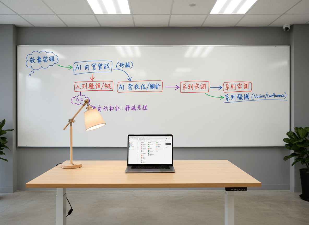 A large whiteboard wall in a modern but modest office room, filled with a clearly hand-drawn end-to-end AI-assisted workflow for a typical knowledge worker project: from “收集需求” to “草稿產出” to “審稿自動提醒” and “最終歸檔”. Colored markers differentiate AI steps, human review points, and automated notifications. Below the whiteboard, a slim laptop on a minimalist standing desk mirrors the same workflow inside a Notion database and automation tool. Overhead neutral office lighting is softened by warm desk lamp light, reducing harsh contrast. Photographic realism with a wide-angle lens, capturing both whiteboard and desk in one frame. The mood is analytical yet practical, focusing on real tools and realistic processes rather than abstract concepts.