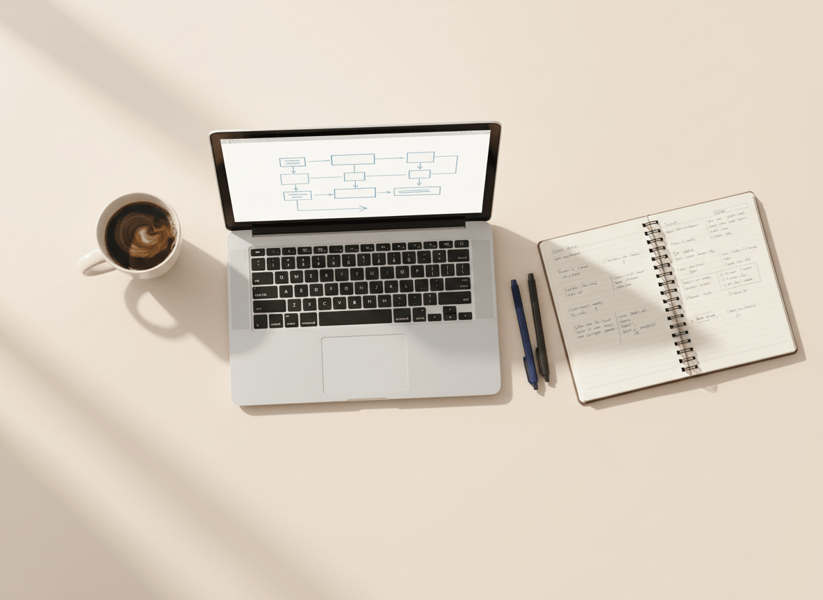 A clean, professional flat-lay photograph of a modern workspace: an open laptop showing a clean workflow diagram or flowchart on screen, a notebook with handwritten notes nearby, a simple cup of coffee, soft natural light from the side. Warm white surface, minimal props, no clutter. Feels authentic and productive, not stock-photo generic. No people, no text overlays, no emoji, no bright colors — warm neutral tones with subtle blue accents.