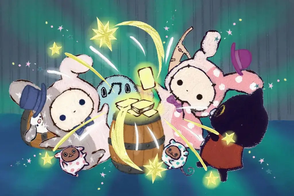 Members from the Sentimental Circus looking at a barrel of gold.