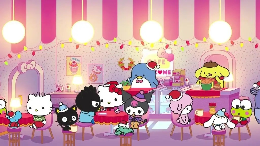 A bunch of Sanrio characters at a diner. Characters include Badtz-Maru and Kuromi.