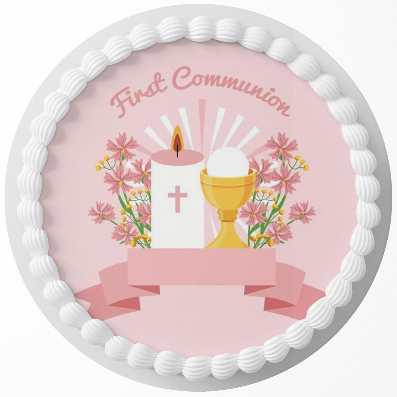 First Communion Girls Edible Image Cake Topper Personalized Birthday Sheet Decoration Custom Party Frosting Transfer Fondant Round Circle