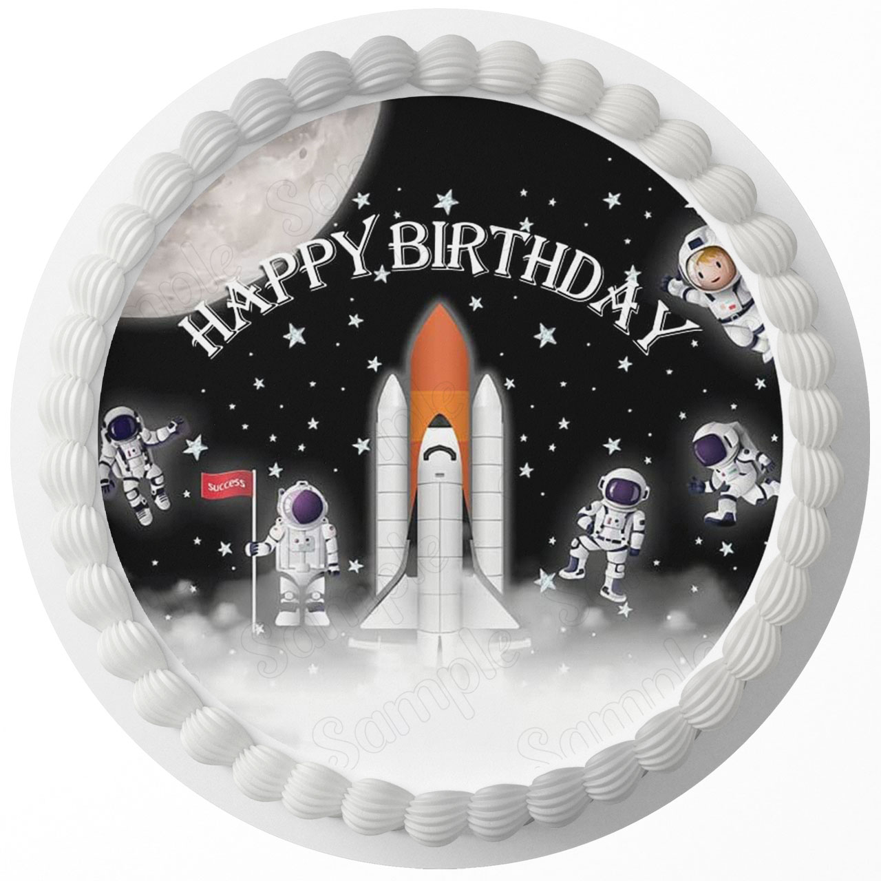 Space Shuttle Moon Spaceman Edible Image Cake Topper Personalized Birthday Sheet Decoration Custom Party Frosting Transfer Fondant Round Circle