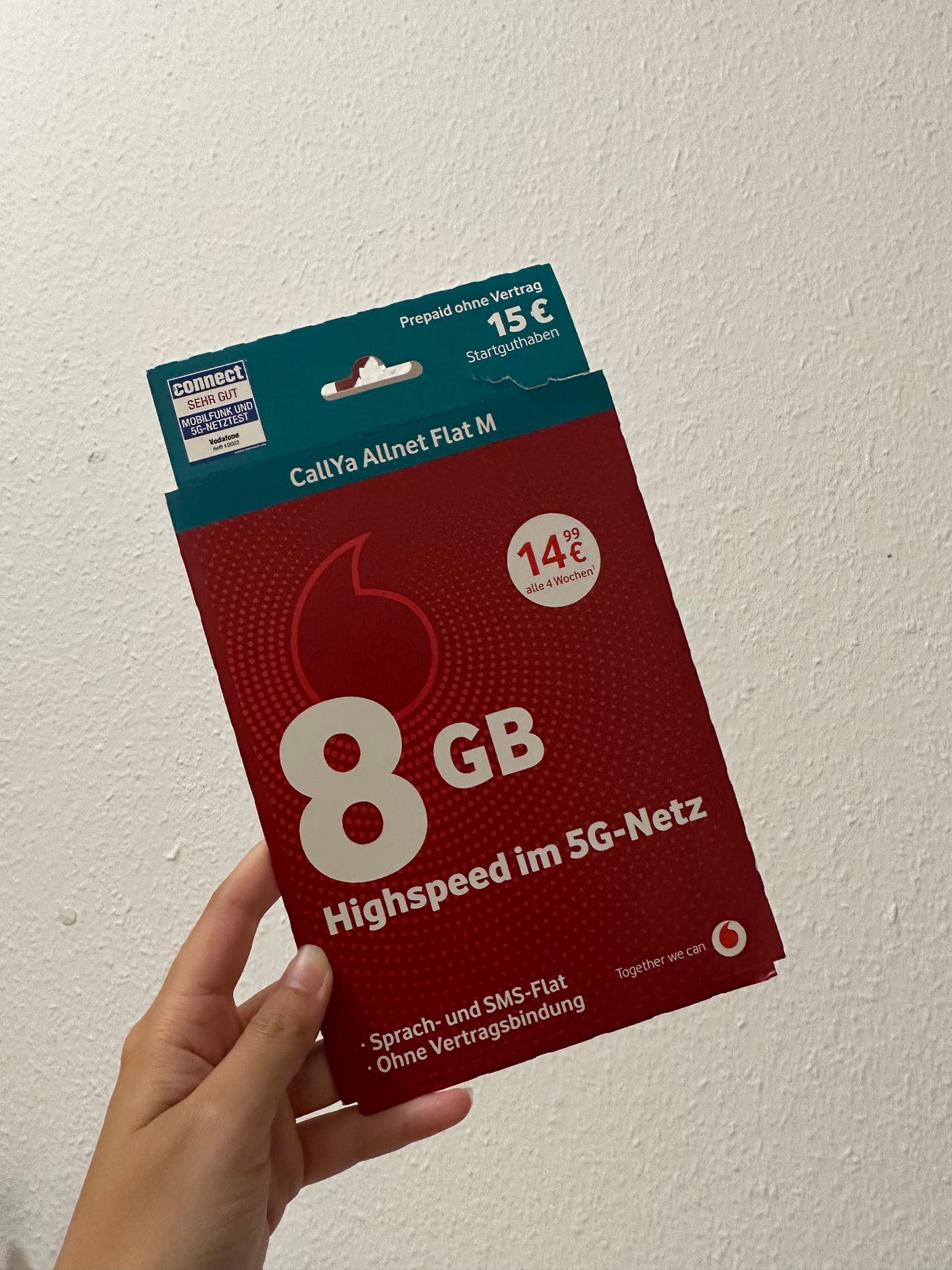 Vodafone 預付卡 一個月15歐 8GB