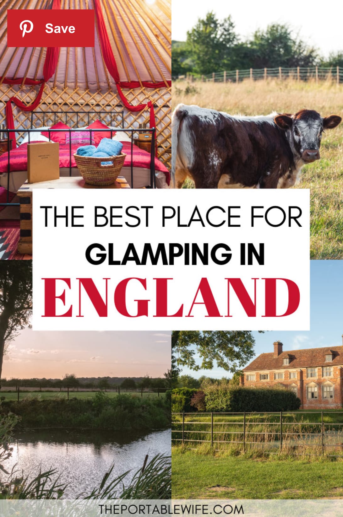 ⁠A four-panel collage featuring luxury yurt interior with red drapes and bed, a grazing cow, scenic countryside river view, and historic manor house at Kenyon Hall Yurt in England.⁠