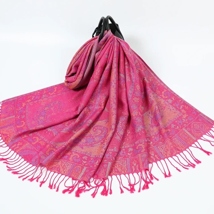 Luxurious rose red pashmina shawl with traditional cashew (paisley) pattern