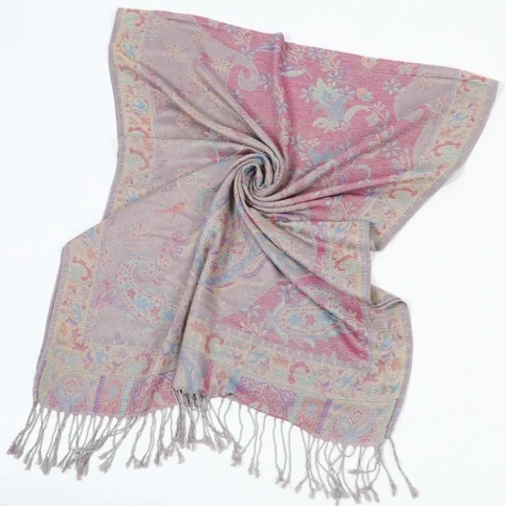 Elegant silver gray pashmina shawl with traditional cashew (paisley) design
