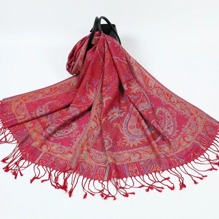Wine red pashmina shawl with traditional cashew (paisley) design