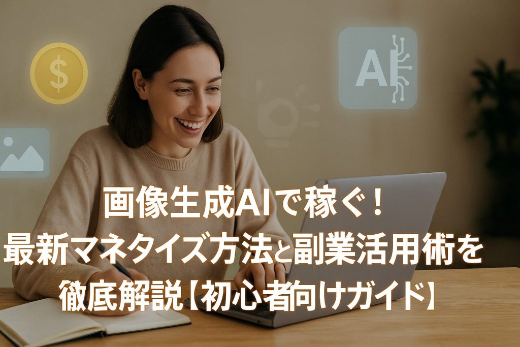 ChatGPT Image 2025年9月7日 18_31_03 - AI関連のブログ 画像生成AIで稼ぐ方法を解説する横長アイキャッチ。ノートパソコンで作業する初心者が笑顔で学び、背景にお金やAIツールのアイコンが浮かぶデザイン。右寄せのテキストで「画像生成AIで稼ぐ!最新マネタイズ方法と副業活用術を徹底解説【初心者向けガイド】」と表示。