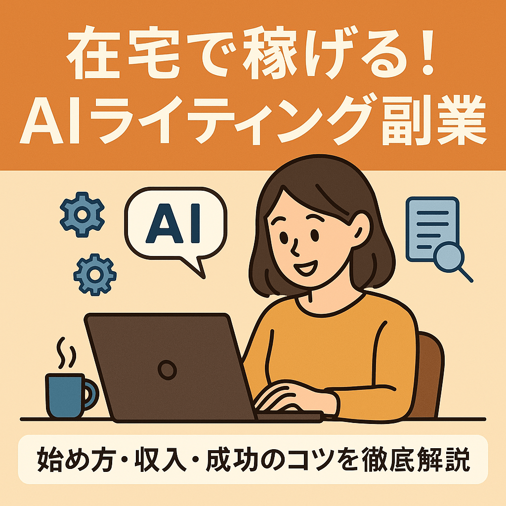 9d190e07-f7d3-4318-af7e-b072106f506e - AI関連のブログ 「在宅で稼げる!AIライティング副業」というタイトルとともに、パソコンで作業する女性が描かれたイラスト。AIツールを活用した在宅副業をテーマにしたバナー画像。