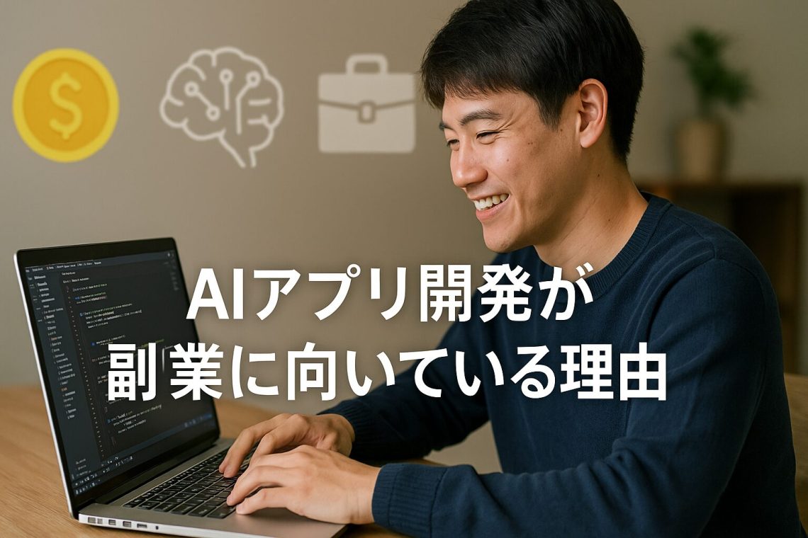 ChatGPT Image 2025年9月14日 08_46_15 - AI関連のブログ ノートパソコンでプログラムを書きながら学ぶ初心者の男性。背景にお金・AI・アプリを象徴するアイコンが浮かぶ横長アイキャッチ画像。「AIアプリ開発が副業に向いている理由」のタイトル入り。
