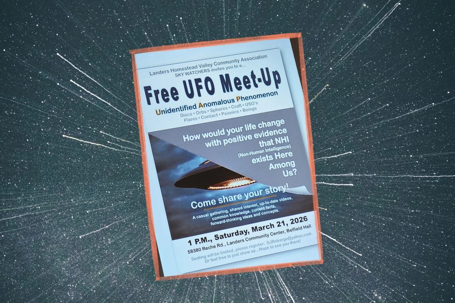 Informal UFO gathering in Landers this Saturday (3/21) at 1:00 p.m.