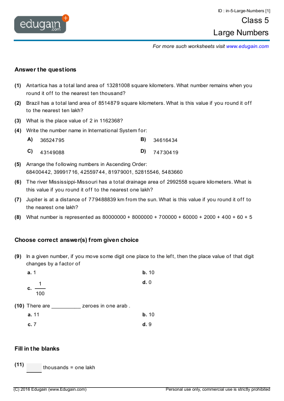 grade 5 large numbers math practice questions tests worksheets