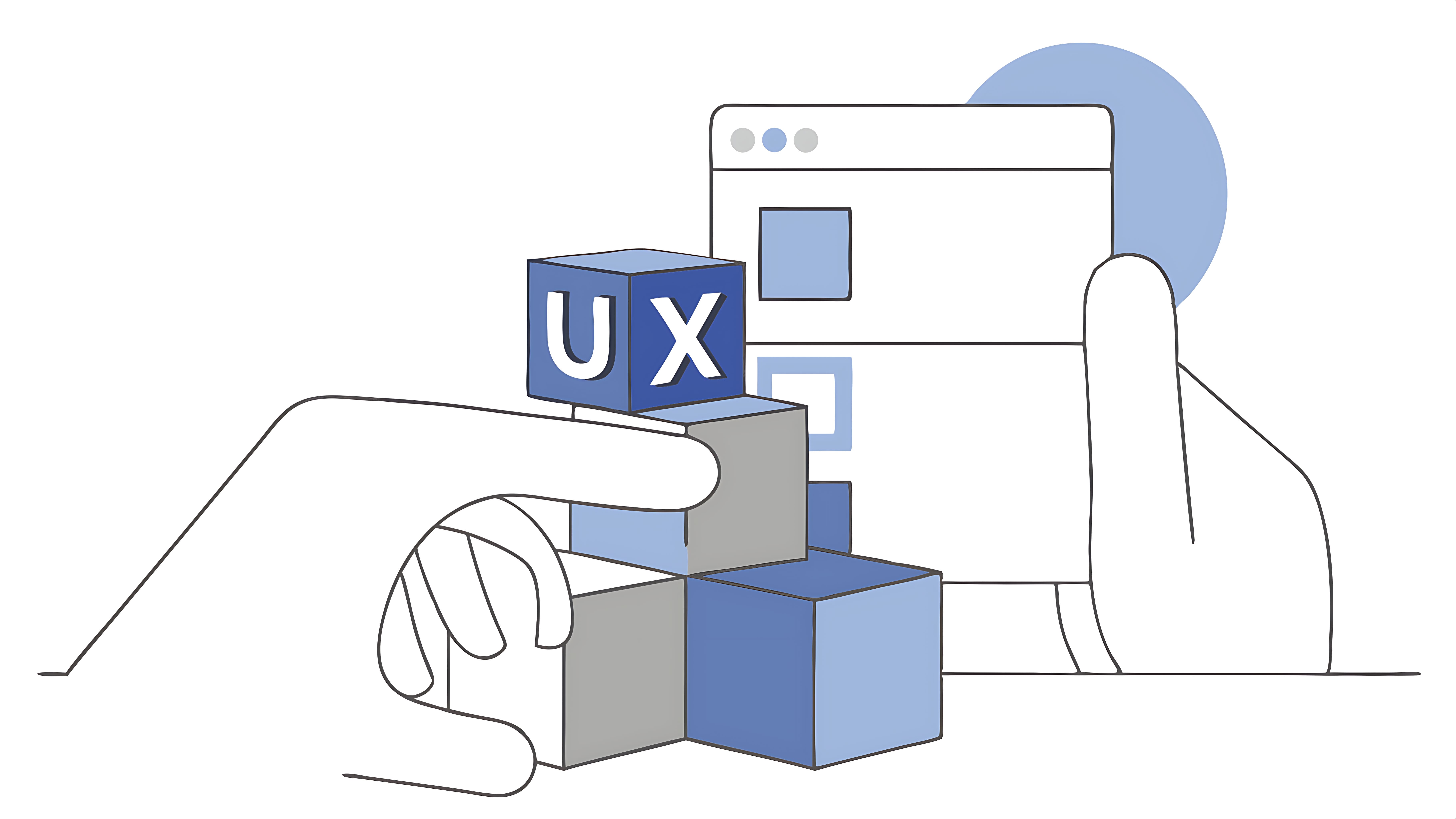 colored blue blocks with UX written on one of the blocks with a responsive interface in the background