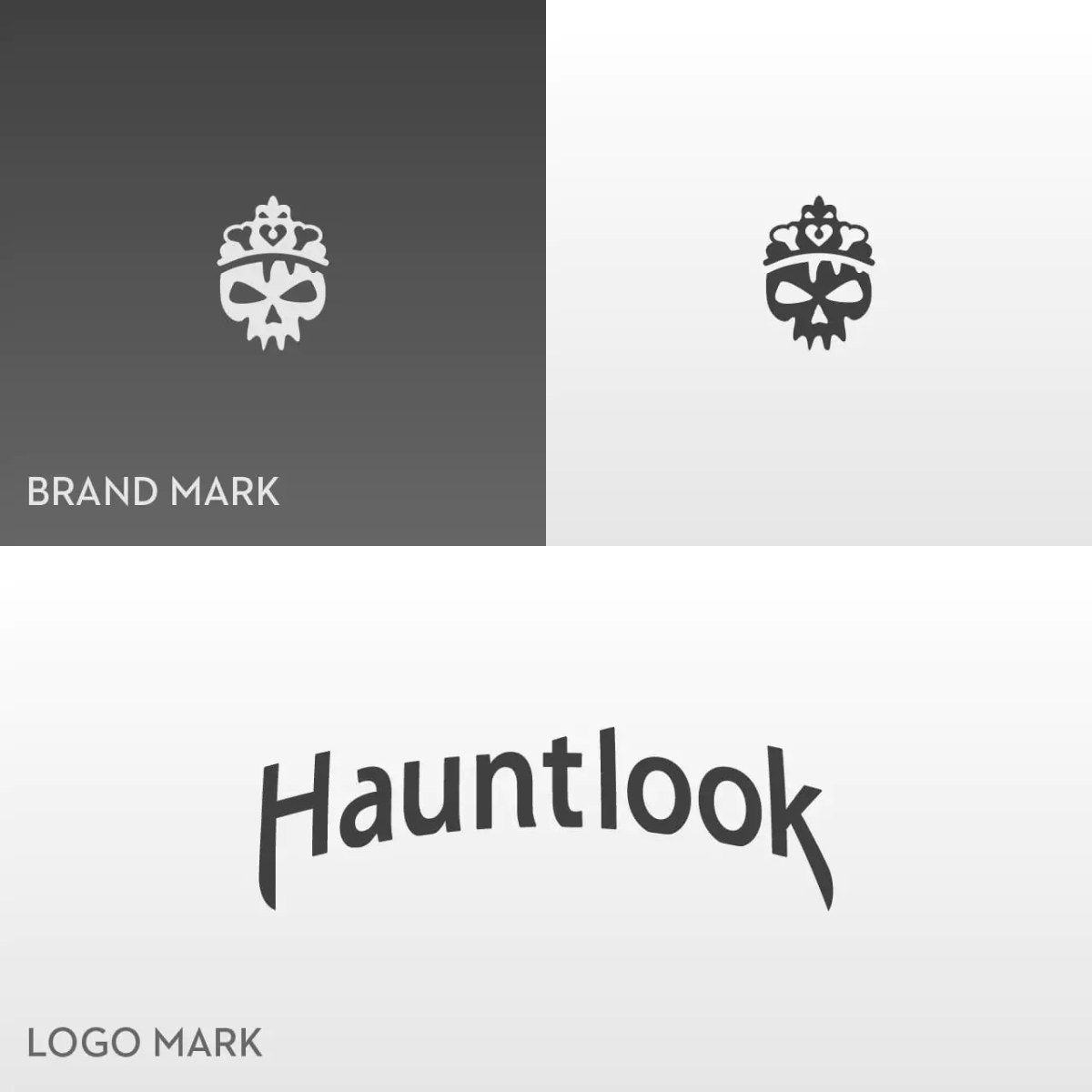 Zack Marsh Design, Hauntlook, brand mark and logo mark on grayscale backgrounds