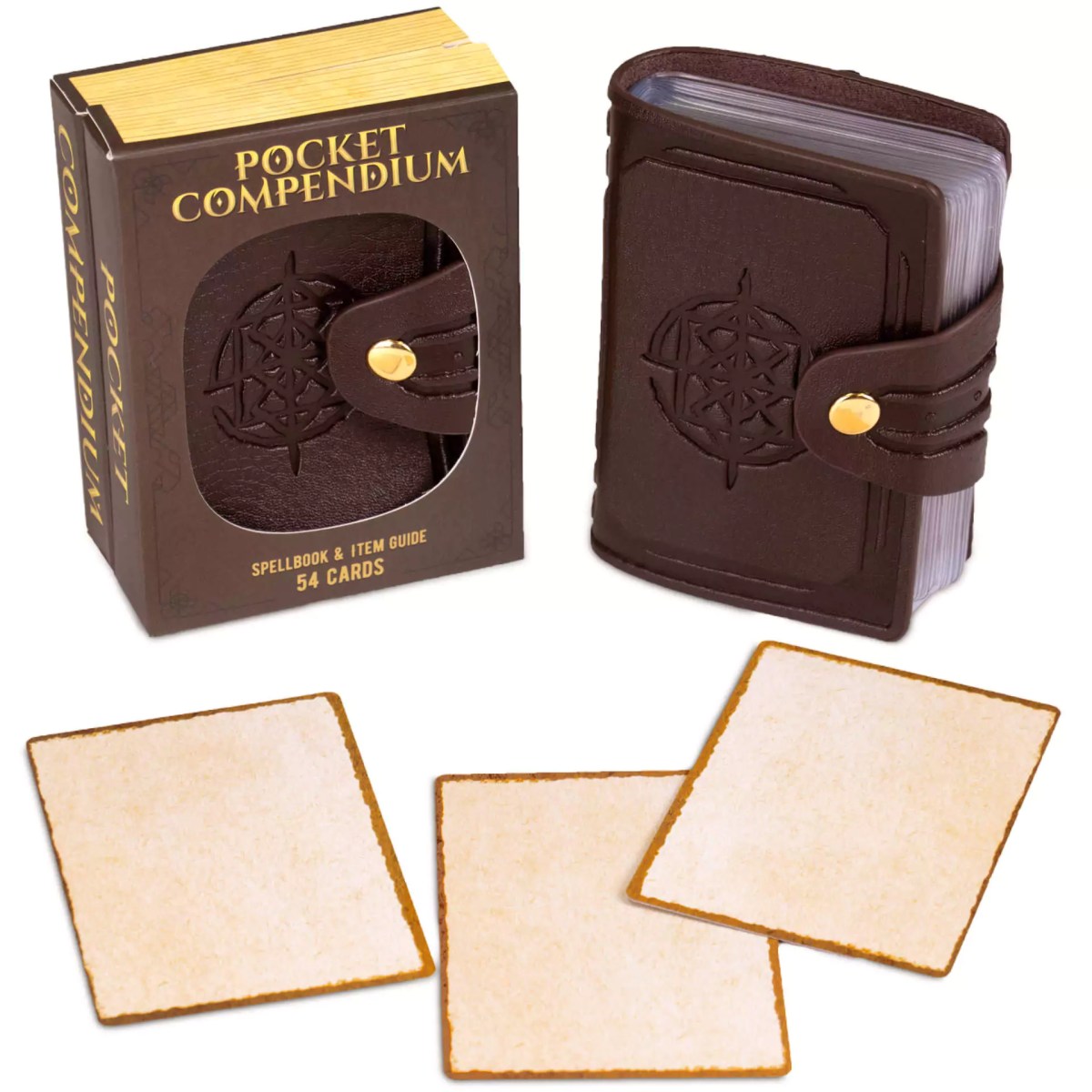 Zack Marsh Design, Pocket Compendium, product photograph with compendium, cards, and box for the brown compendium