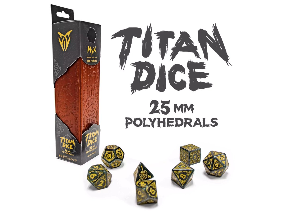Zack Marsh Design, Titan Dice, product photography of 7 Nyx dice with stained-wood carved box, logo, and product packaging
