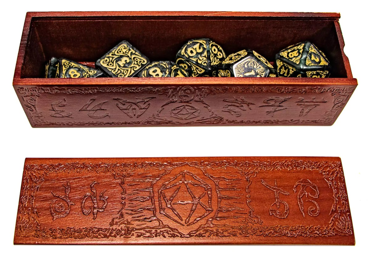 Zack Marsh Design, Titan Dice, product photography of Nyx dice in dice box on white background