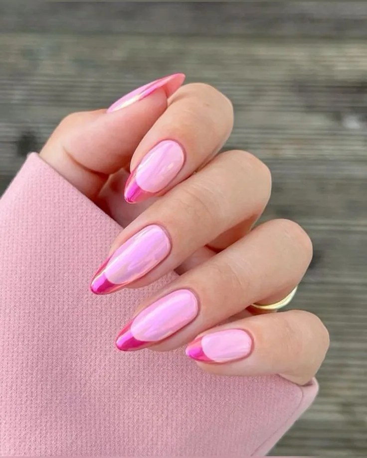 Pink Chrome French Tip Nails