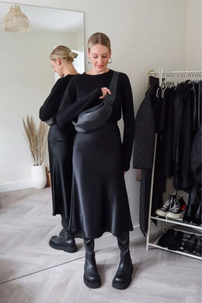 black satin skirt outfit