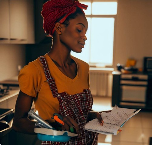 Lady getting ideas and inspiration for a screenplay while doing chores