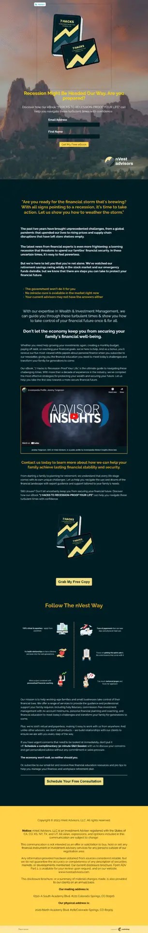 Snapshot of teal background landing page that was created for a b2c campaign for my client, nVest Advisors