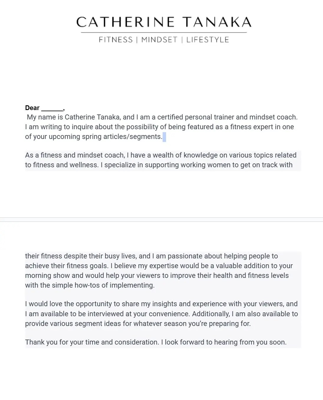 A picture of a PR proposal drafted for client Catherine Tanaka