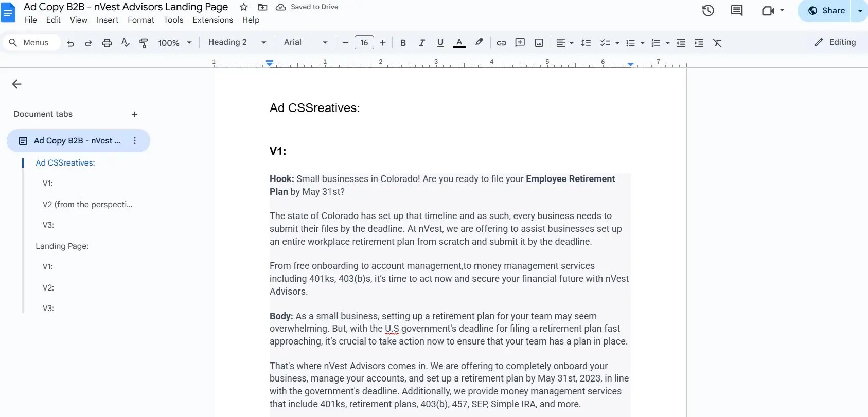Snapshot of ad creative copywriting that I did for nVest Advisors