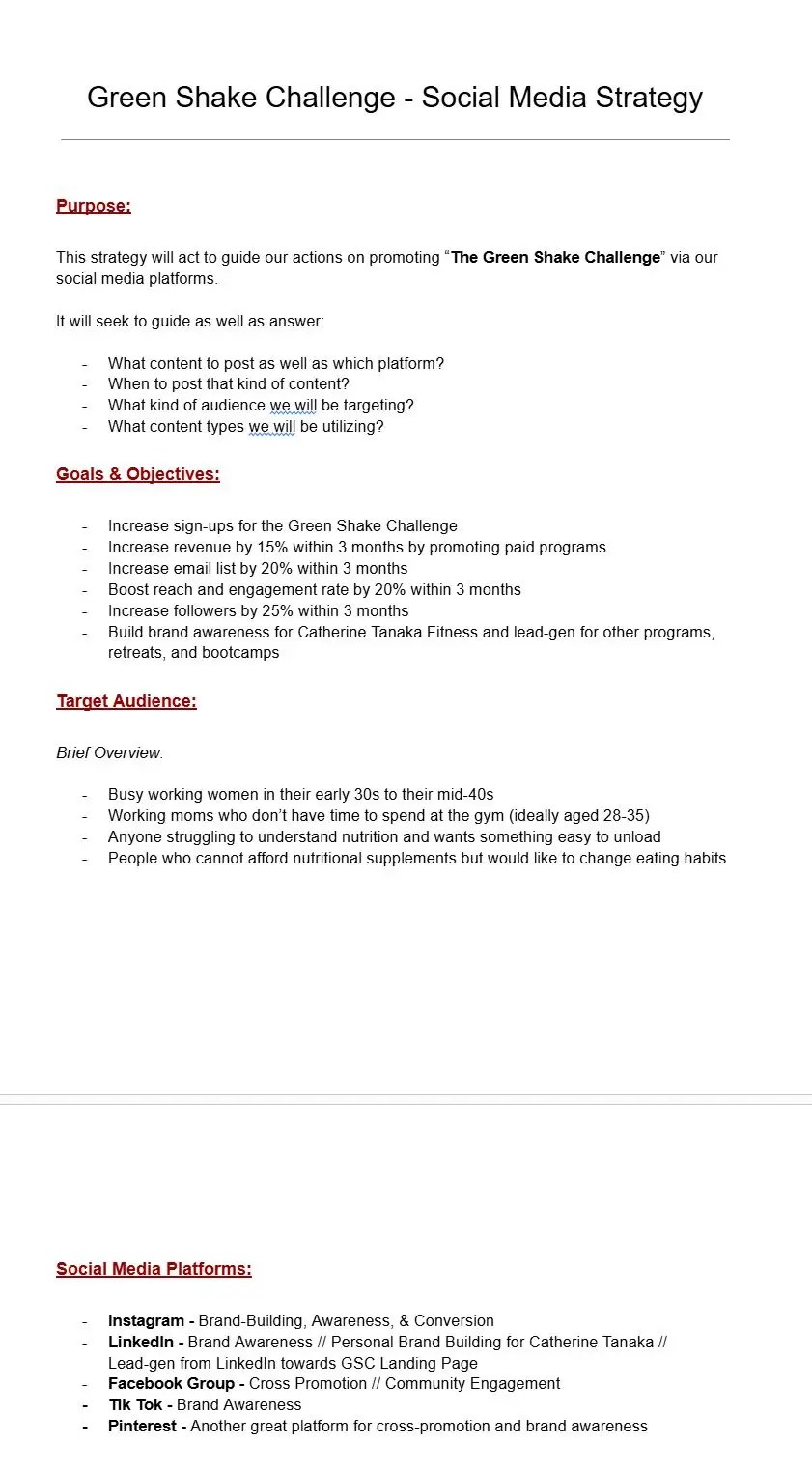 A picture of research done to plan social media strategy for client Catherine Tanaka