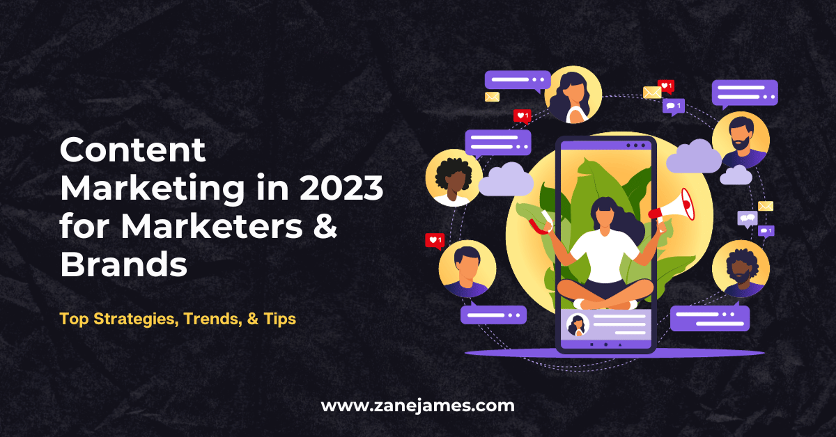 Animated image of a person looking at sources of content with the text 'Content Marketing in 2023 for Brands & Marketers"