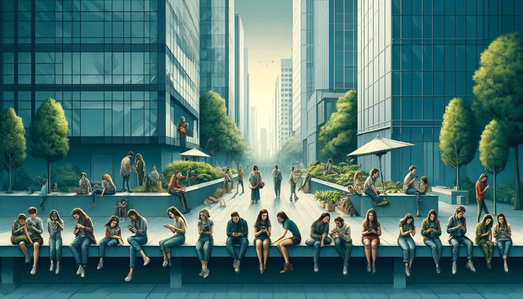 AI-Generated image of men & women using technology for instant gratification instead of forming real-world relationships and finding love