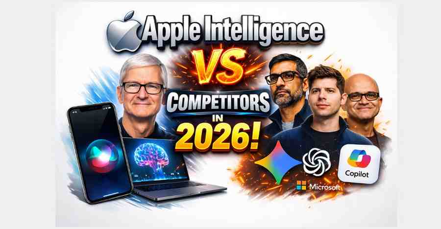 Apple Intelligence vs competitors in 2026 comparison showing Apple AI, Google Gemini, OpenAI ChatGPT, and Microsoft Copilot logos with AI battle concept