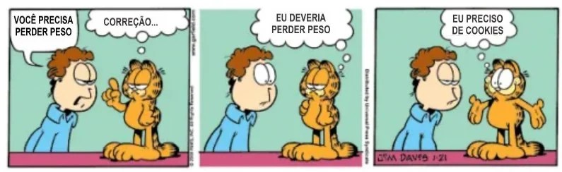 Tirinha de humor mostrando uma conversa divertida sobre perder peso, mas com uma resposta inesperada envolvendo cookies. Uma cena leve e engraçada sobre dieta, comida e aquele desejo difícil de resistir.