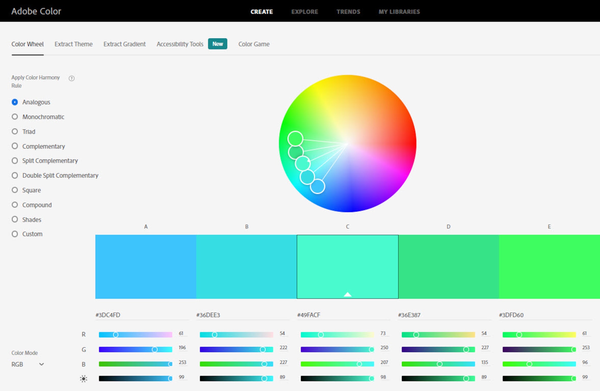 The available color palettes on Adobe Color (Source: DINFOS Pavilion)