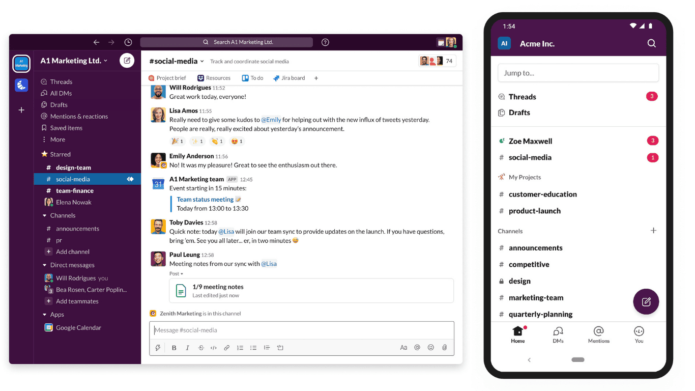 Slack UI for desktop and mobile