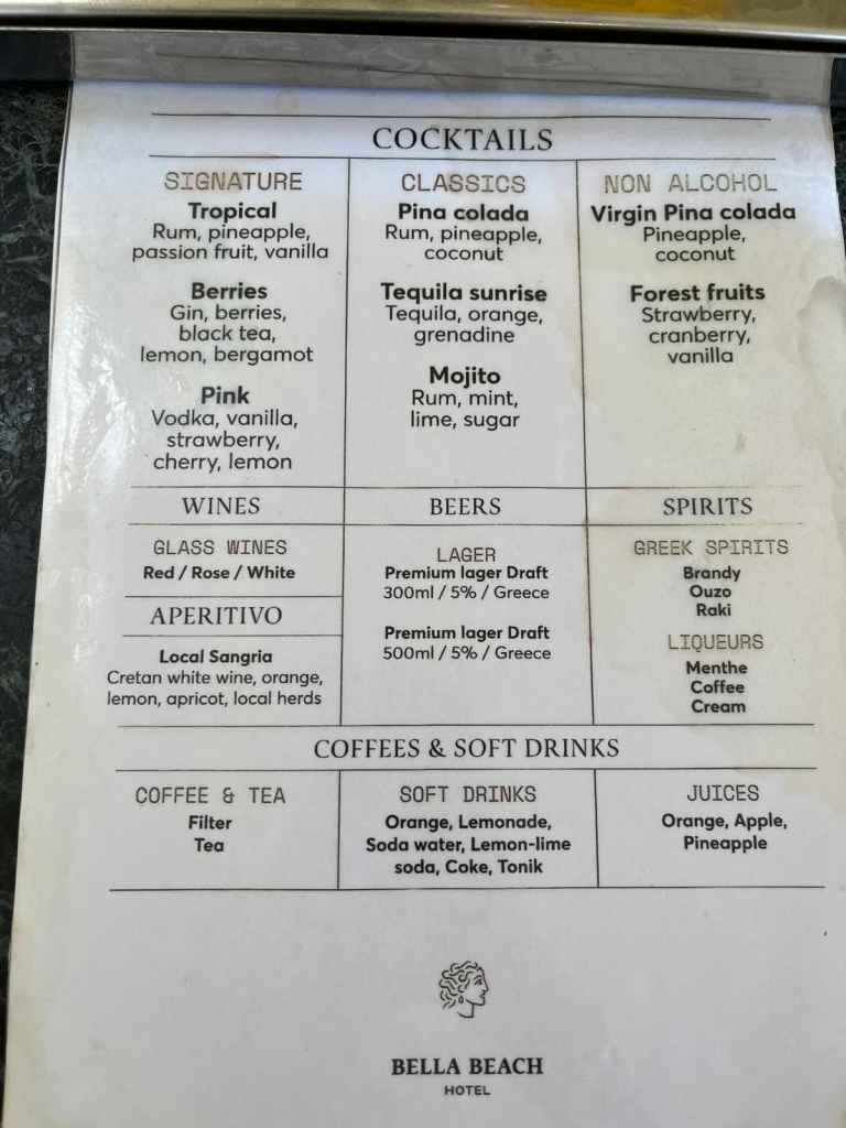 Bella Beach Hotel - drink menu